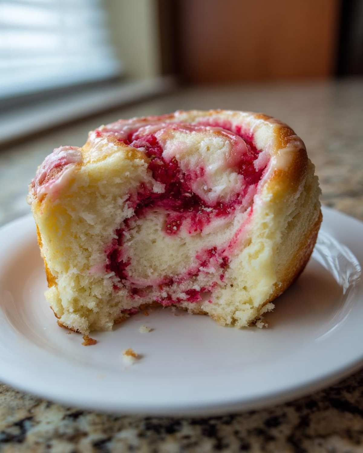 Close-up of a fluffy Strawberry Cheesecake Sweet Rolls with a bite taken out, showing the bright pink strawberry swirl.