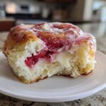 Close-up of a fluffy Strawberry Cheesecake Sweet Rolls with cream cheese filling and strawberry swirl, sitting on a white plate.