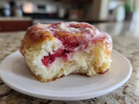 Close-up of a fluffy Strawberry Cheesecake Sweet Rolls with cream cheese filling and strawberry swirl, sitting on a white plate.