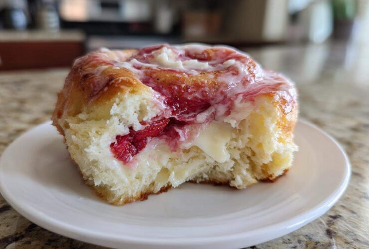 Close-up of a fluffy Strawberry Cheesecake Sweet Rolls with cream cheese filling and strawberry swirl, sitting on a white plate.