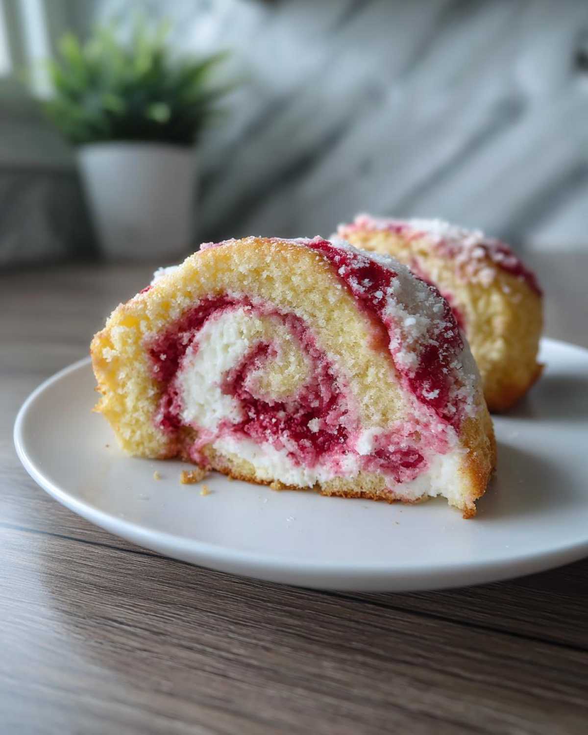 Close-up of a slice of Strawberry Cheesecake Sweet Rolls showing the swirl of cake, cream cheese filling, and strawberry jam.
