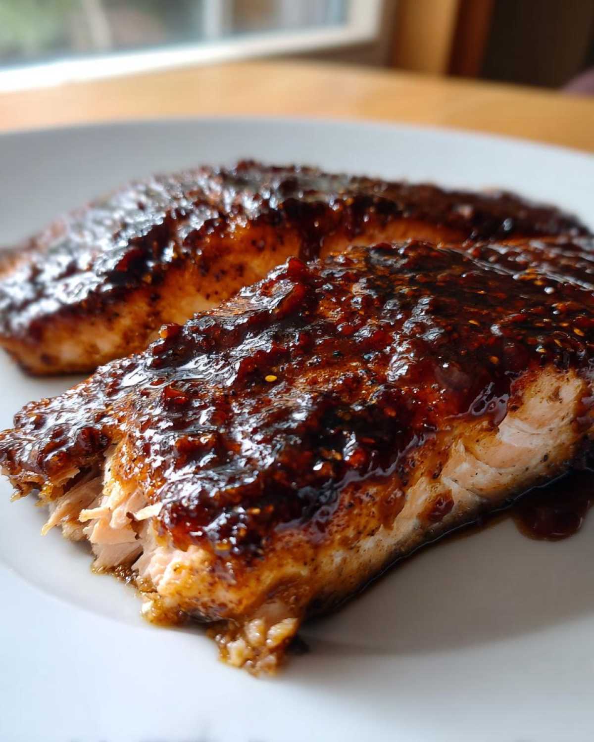 Close-up of two flaky salmon fillets generously topped with a thick, dark, sweet and spicy glaze, ready to eat.