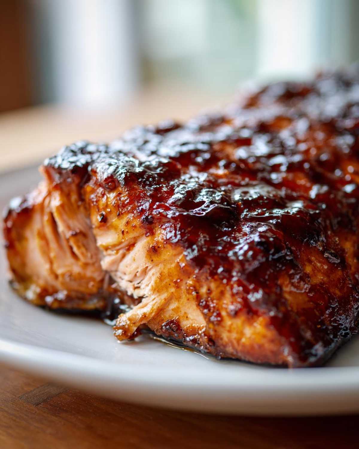 Close-up of a perfectly cooked Texas Roadhouse Style Baked Salmon fillet with a thick, dark, glossy glaze.