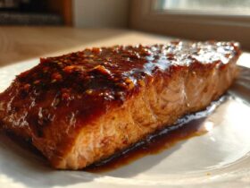 Close-up of a perfectly cooked Texas Roadhouse Style Baked Salmon fillet covered in a thick, dark, sweet and savory glaze.