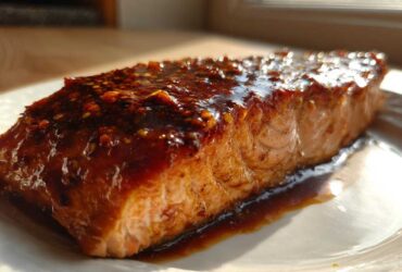 Close-up of a perfectly cooked Texas Roadhouse Style Baked Salmon fillet covered in a thick, dark, sweet and savory glaze.