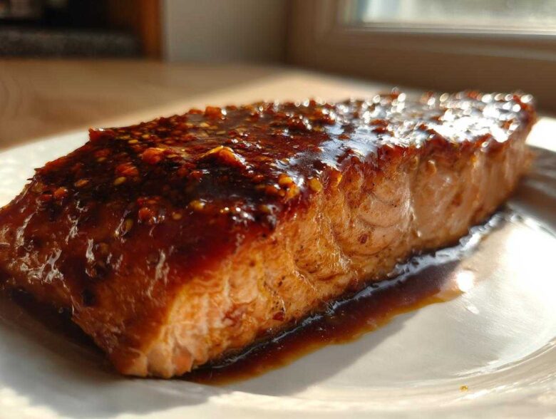 Close-up of a perfectly cooked Texas Roadhouse Style Baked Salmon fillet covered in a thick, dark, sweet and savory glaze.