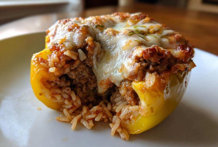 A close-up view of a single yellow stuffed bell peppers half, revealing a savory filling of ground meat and rice topped with melted cheese.