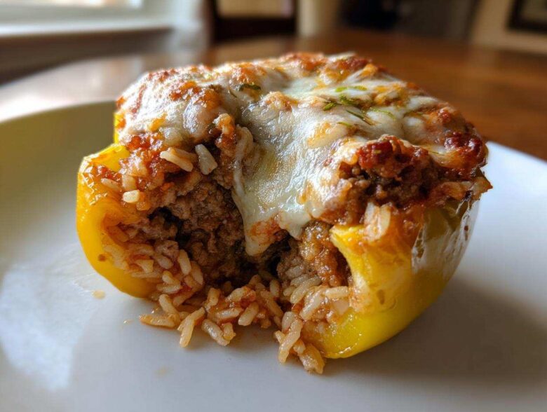 A close-up view of a single yellow stuffed bell peppers half, revealing a savory filling of ground meat and rice topped with melted cheese.